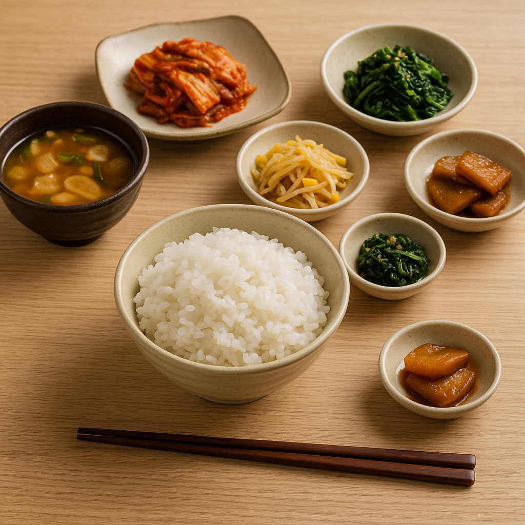 Café da manhã coreano tradicional com arroz, kimchi e acompanhamentos típicos — um dos costumes culturais retratados em doramas