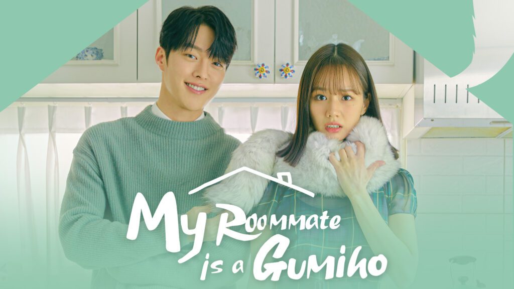 Casal principal do dorama My Roommate is a Gumiho em imagem promocional, com fundo verde claro.
